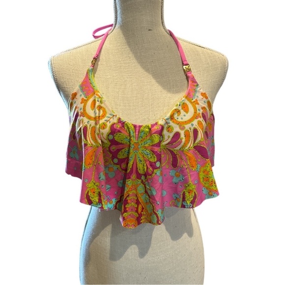 EUC - Trina Turk Pinkberry Woodblock Flounce Halter Neck Bikini Top - size 6 - Picture 4 of 8